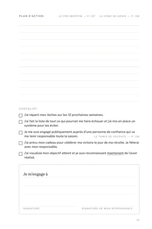 Page de droite : plan d’action, checklist et engagement signé