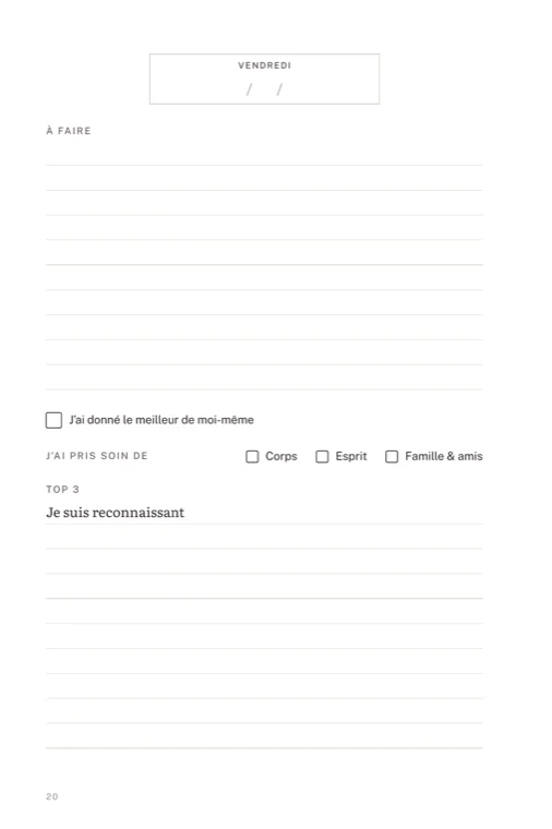 Une page du jour : tâches, trois domaines dont on prend soin, gratitude