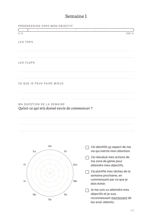 La page de bilan du dimanche : progression, tops, flops, question de la semaine, roue de vie